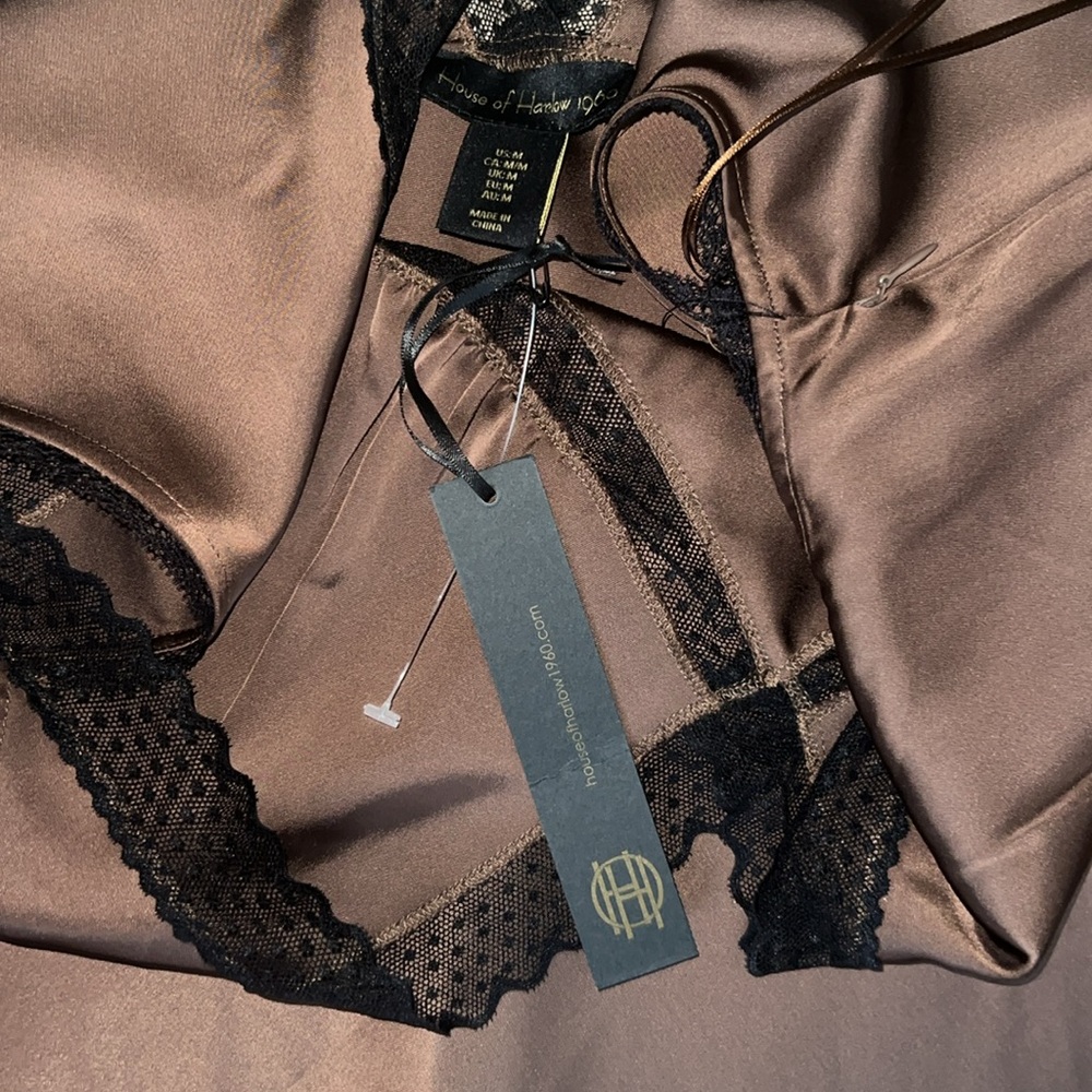 House of Harlow 1960 Brown Satin Black Lace Slip Dress - Picture 5 of 8